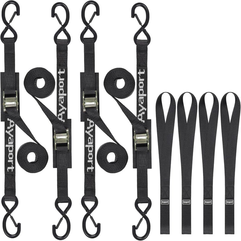 Ayaport Cam Buckle Tie Down Straps 8ft 1250lbs Break Strength 4 pcs Securing Straps with S Hooks for Motorcycle, Car, Truck, Dirt Bike - Image 1
